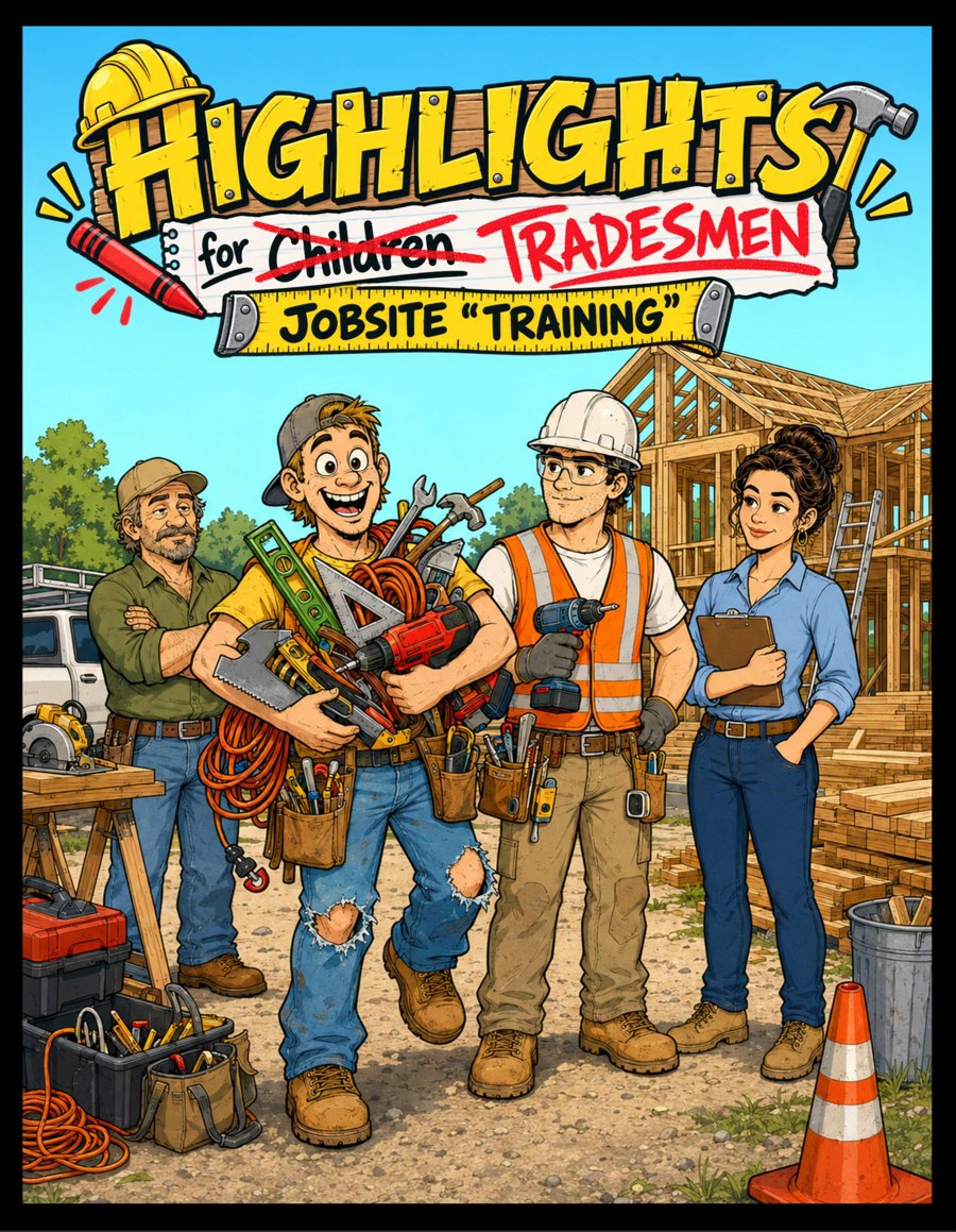 Front cover of Highlights for Tradesmen: four tradespeople on a framing site