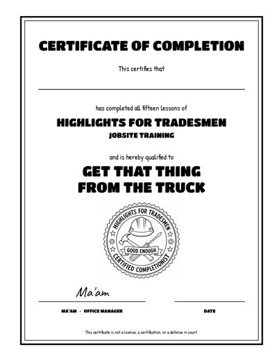 Sample page: Certificate of Completion